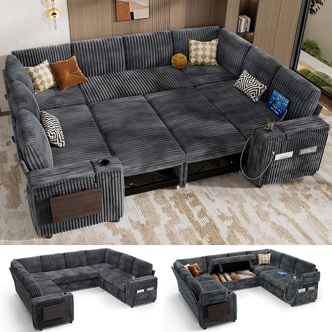 Vipbear 111" Modular Sectional Sleeper Sofa with Pull Out Bed, 8 Seat Plush Corduroy U Shaped Couch with Storage Chaise|USB Ports|Cup Holders|Side Table| Storage Armrests, Tool Free Assembly, Grey