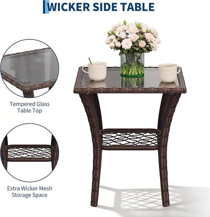3 Pieces Patio Furniture Set, Outdoor Swivel Glider Rocker Set w/Washable Cushion and Tempered Glass Tabletop, Conversation Furniture for Deck Porch Balcony Backyard Garden,Brown & Beige