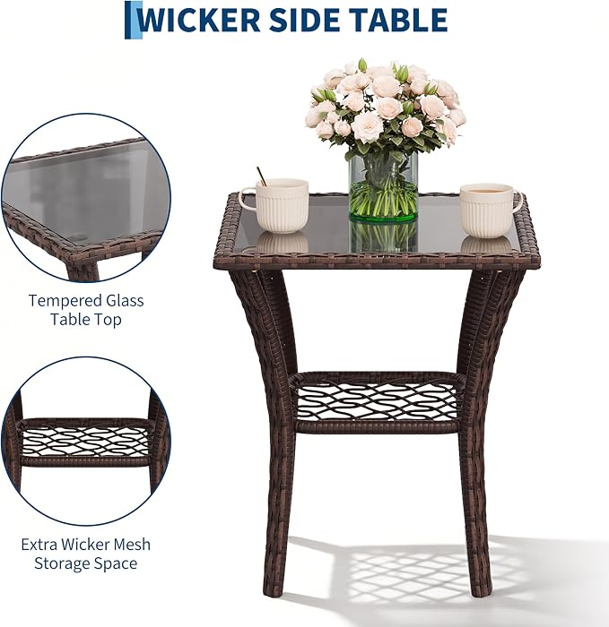 Garvee 3 Pieces Patio Furniture Set, Outdoor Swivel Glider Rocker Set w/Washable Cushion and Tempered Glass Tabletop, Conversation Furniture for Deck Porch Balcony Backyard Garden,Brown & Blue