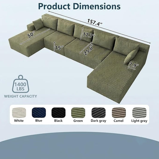 Flexible Combination Cloud Sectional Boneless Couches with Double Chaise,157" Oversized U Shaped Modular Sofa No Assembly Required Foam-Filled Deep Seat Sofa & Couch for Living Room,Apartment