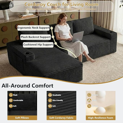 104" Cloud Sectional Couch L-Shaped with Side Pockets Cup Holders, Corduroy Boneless Couch for Living Room,Upholstered Deep-Seat Modular Sectional Sofa, No Assembly Required (Black,Left Facing Chaise)