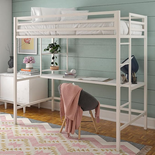 Novogratz Maxwell Metal Twin Loft Bed with Desk & Shelves, Off White/Off White