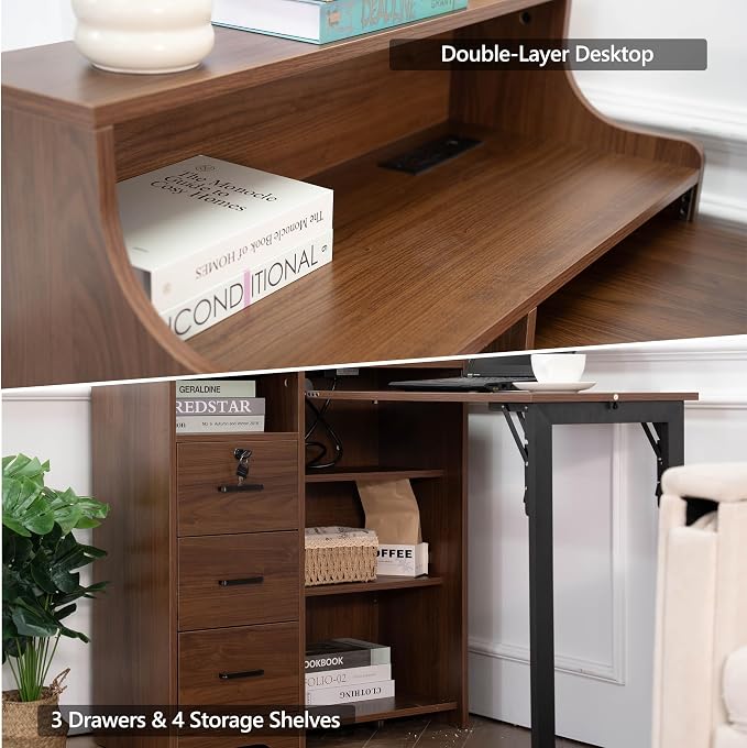 Fold Out Desk with Storage, Hidden Desk with Lockable Drawers & Shelves, Built-in Power Outlet,Folding Desk for Study and Home Office (Walnut)