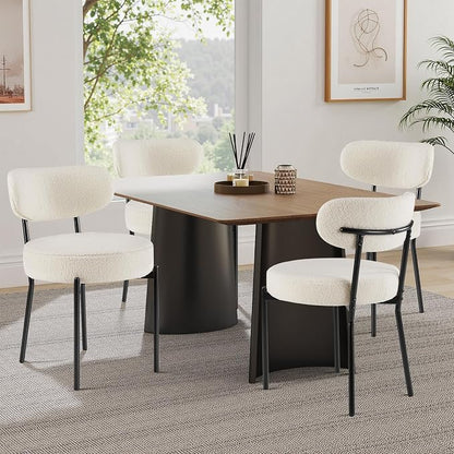 Sweetcrispy Dining Chairs Set of 4, Boucle Upholstered Modern Mid Century Round Kitchen Chairs with Curved Backrest & Metal Legs for Vanity, Living Room - Beige