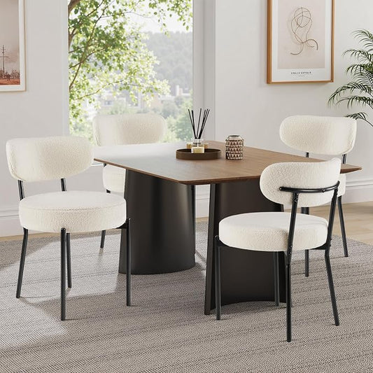 Sweetcrispy Dining Chairs Set of 4, Boucle Upholstered Modern Mid Century Round Kitchen Chairs with Curved Backrest & Metal Legs for Vanity, Living Room - Beige
