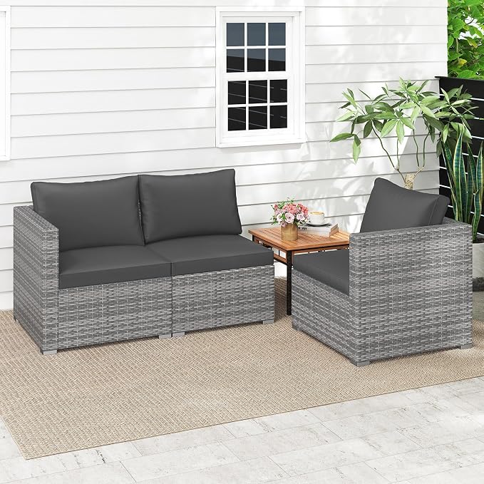 Tangkula 3 Seat Outdoor Wicker Sofa Set, Modular PE Rattan Patio Cushioned Sectional Couch Set, Outside Furniture Set for Deck, Backyard, Porch, Garden & Poolside (Black)