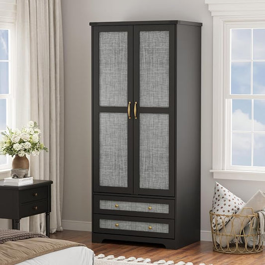 Yechen 71" Armoire Wardrobe Closet with Doors, Modern Tall Storage Cabinet with Adjustable Shelf and Hanging Rail, Sturdy Freestanding Closet Armoires and Wardrobes with 2 Wide Drawers for Bedroom