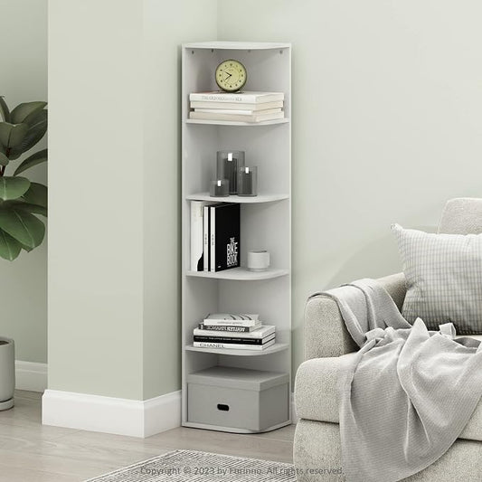 Furinno PASIR Book Shelf, 5-Tier Corner Bookshelf with Open Shelf, Standing Bookcase, 9.3 x 12 x 51.7, for Organization and Storage, for Living Room, Bedroom, Home Office, White