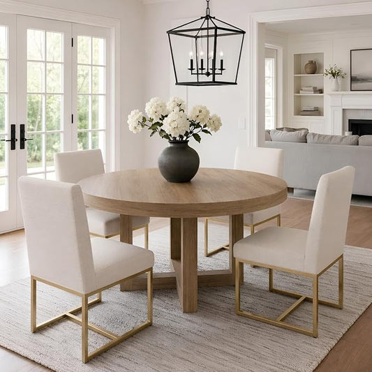 VESCASA Linen Upholstered Dining Chairs Set of 4, Mid Century Modern Padded Chair with Gold Metal Frame for Restaurant, Dining Room, Kitchen, Cream