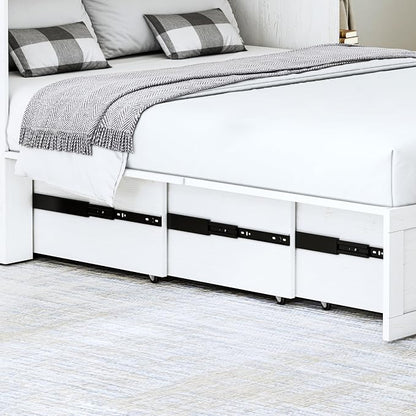 Full Murphy Bed with Charging Station, Farmhouse Noisy-Free Foldable Cabinet Bed Frame with Storage Drawer, Space Saving Hideaway Wall Bed for Guest Bedroom, Living Room, Office, White