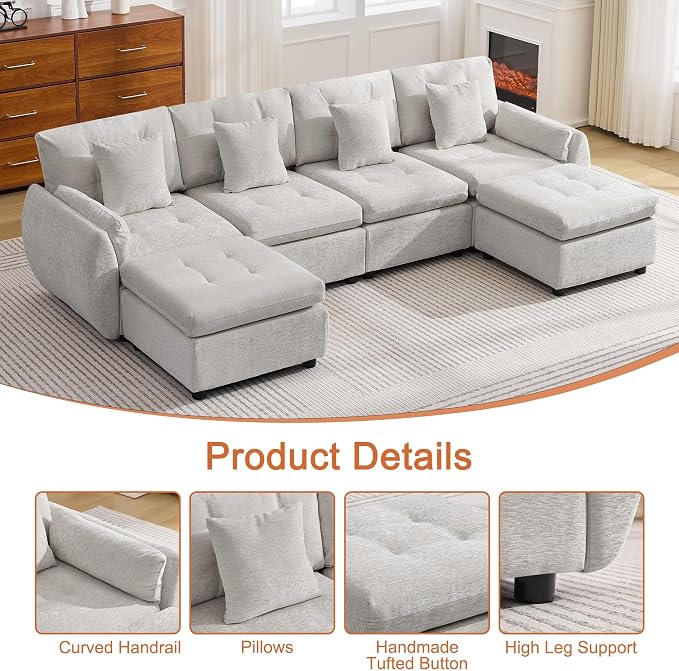 112" U Shaped Modular Sectional Cloud Sofa with 2 Ottomans, Oversized Deep Seat Tufted Chenille 6-Seater Couch with Curved Arms, Upholstered Sofas for Living Room, Light Grey