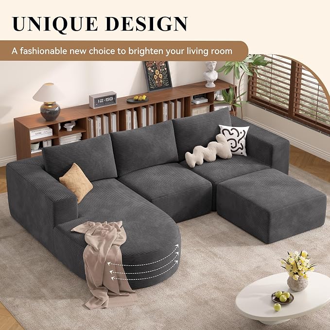 Boneless Couches for Living Room with Chaise,104" Modular Sectional Sofa with Convertible Ottoman,Cozy Cloud Couch with U-Shaped,Sponge Compression Sofas in a Box,No Assembly Required(Gray) 1pcs