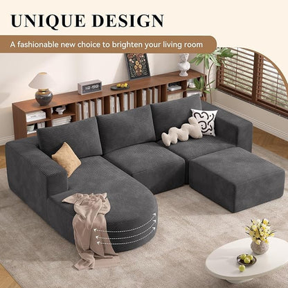 Boneless Couches for Living Room with Chaise,104" Modular Sectional Sofa with Convertible Ottoman,Cozy Cloud Couch with U-Shaped,Sponge Compression Sofas in a Box,No Assembly Required(Gray) 1pcs