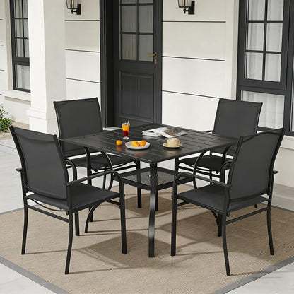 SUNCROWN 5 Pieces Outdoor Dining Set, Patio Furniture Set with 4 x Textilene Dinning Chairs and 1 Steel Slat Metal Bistro Table for Lawn Garden Backyard Poolside Deck, Black