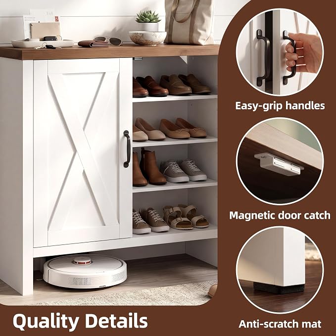 Shoe Cabinet, 4-Tier Shoe Storage Cabinets with Doors and Adjustable Shelves, Thickened Wood Freestanding for Entryway, Hallway, Closet, Organizer Rack, Walnut and White JSC004WWB