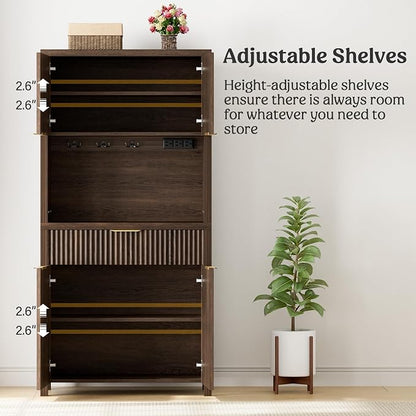 Lulive 71" Fluted Pantry Cabinet with Charging Station, Brown | Adjustable Shelves, Open Countertop, Drawer, Spacious Kitchen Storage