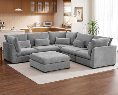 115" Oversized Chenille Couch Modular Sectional Sofa, Washable Cloud Couch Sectional with Ottoman, 6 Seater Sectional Couches for Living Room, Fully Cover Removable, V Shaped & Corner, Chenille, Grey