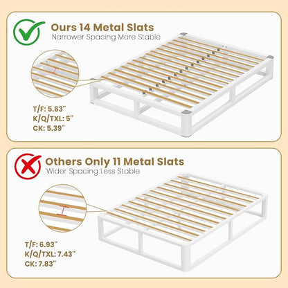 10 Inch Queen Bed Frame with Rounded Corner and Squeak Free U-Slot Design, Metal Platform Bed Frames 6 Non-Slip Guards, 3500lbs Heavy Duty Steel Slat Support, No Box Spring Needed, White