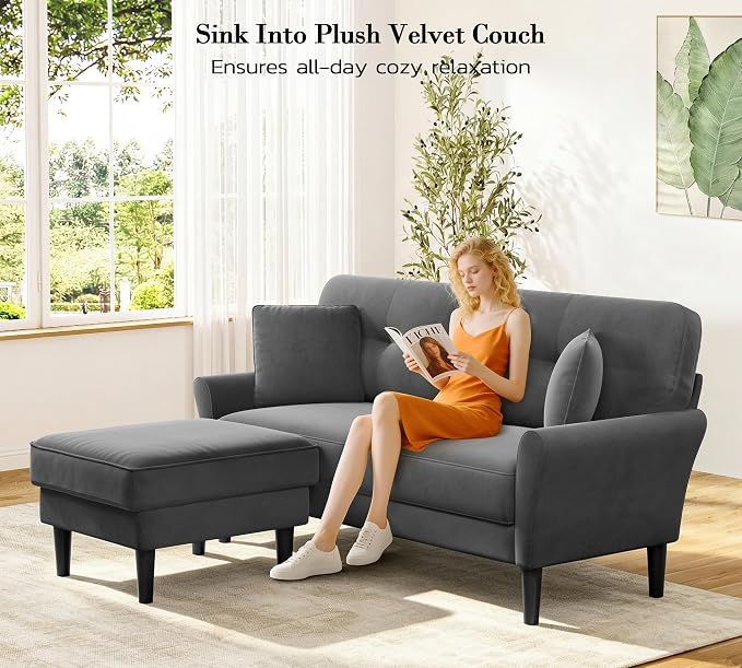 Kidirect Small Sectional Couch, 69" L Shaped Couch, Sectional Sofa, Grey | Comfy Velvet Couch, Tool-Free Setup, 750lb Max Load, Movable Ottoman, Ideal for Living Room, Bedroom, Apartment, Office