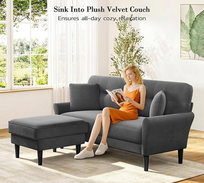 Kidirect Small Sectional Couch, 69" L Shaped Couch, Sectional Sofa, Grey | Comfy Velvet Couch, Tool-Free Setup, 750lb Max Load, Movable Ottoman, Ideal for Living Room, Bedroom, Apartment, Office