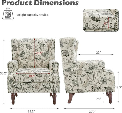 High Back Accent Chair, Fabric Upholstered Armchair Floral Wingback Chair for Living Room, Comfy Solid Wood Legs Bedroom Reading Seat - Plants Beige