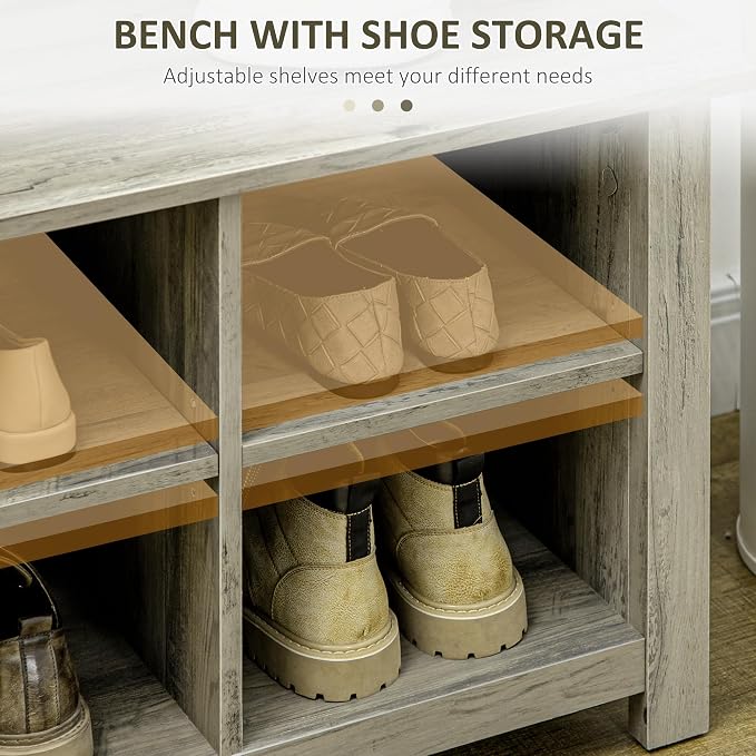 HOMCOM Hall Tree with Shoe Storage Bench, Entryway Bench with Coat Rack, Accent Coat Tree with Adjustable Shelves for Hallway, Living Room, Grey