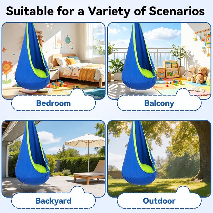 Y- STOP Pod Swing for Kids, Sensory Indoor Hanging Hammock Chair with Inflatable Pillow Sensory Cocoon Pod Swing Seat for Kids with Pocket for Indoor and Outdoor Blue and Green