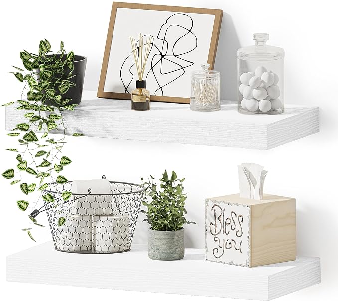 Vivelove 16 inch Floating Shelves for Wall, Bathroom Shelves Over Toilet, Wall Shelf for Bedroom, Living Room, Kitchen, Office Home Decor, Narrow Shelves with Invisible Brackets - Set of 2, White