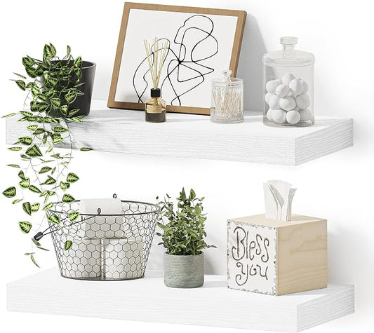 Vivelove 16 inch Floating Shelves for Wall, Bathroom Shelves Over Toilet, Wall Shelf for Bedroom, Living Room, Kitchen, Office Home Decor, Narrow Shelves with Invisible Brackets - Set of 2, White