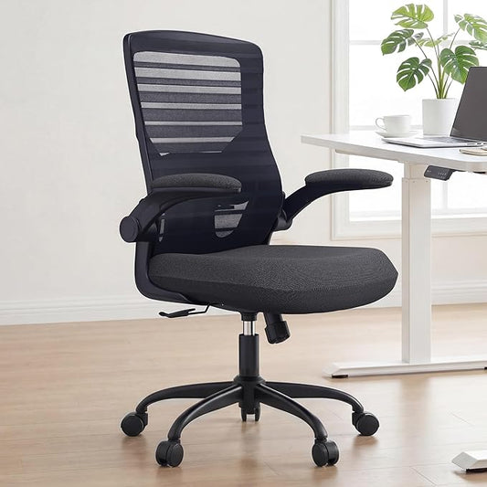 Office Desk Chair for Long Hours & Lower Back Pain Relief – 4“ Thick Molded Foam Cushion, Enhanced Lumbar Support, Padded Flip-up Armrests, Ideal for Office or Study, Black