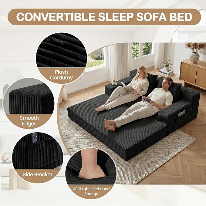 Boneless Loveseat Small Couch Bed, Futon Sleeper Sofa Bed,Convertible Pull Out Couch with 2 Pillows,Corduroy Folding Floor Couch for Living Room,No Assembly Required,Black