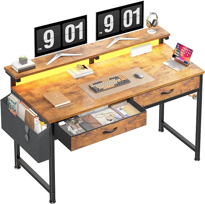 DurayLoly 47.3Inch Office Computer Desk with LED Lights & 2 Fabric Drawers, Gaming Desk with Side Pocket & Ergonomic Monitor Stand, Small Space Study Writing Table with Anti-Tip Design, Rustic Brown