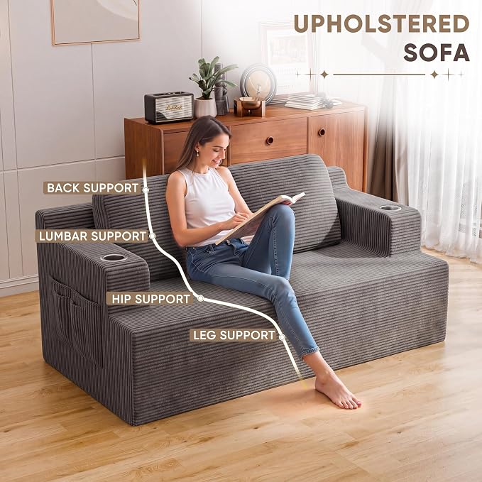 Homall 67” Boneless Sofa Couch with 2 Pillows Extra Deep Seats, Corduroy Fabric 3 Seater with Cup Holder & Storage Pocket Upholstered Floor Easy Installation (Grey, Loveseat)