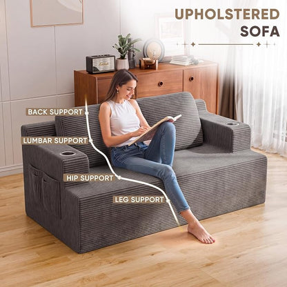Homall 67” Boneless Sofa Couch with 2 Pillows Extra Deep Seats, Corduroy Fabric 3 Seater with Cup Holder & Storage Pocket Upholstered Floor Easy Installation (Grey, Loveseat)