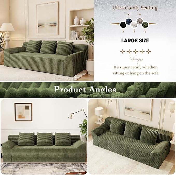 71" Corduroy Living Room Sofa, 3 Setaser Deep Seat Couch with 3 Lumbar Pillows, Comfy Boneless Sofa Modern Compressed Couch for Bedroom, Office, Apartment, No Assembly, Curved Armrests (Green)