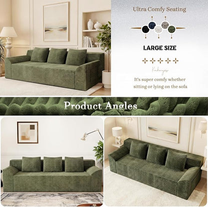 71" Corduroy Living Room Sofa, 3 Setaser Deep Seat Couch with 3 Lumbar Pillows, Comfy Boneless Sofa Modern Compressed Couch for Bedroom, Office, Apartment, No Assembly, Curved Armrests (Green)