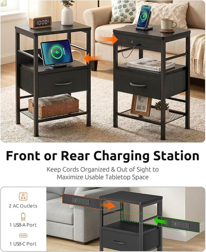 Lazzanto Nightstands Set of 2 with Charging Station, Bedside Tables with Open Shelf & Hooks, End Tables with USB-C USB-A Ports AC Outlets, Night Stand for Bedroom with Fabric Drawer, Black
