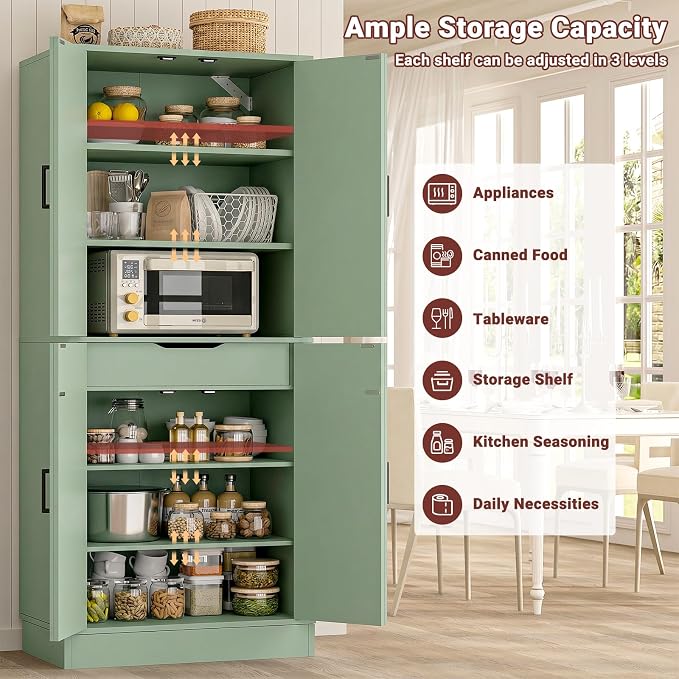 Unikito 71" Tall Kitchen Pantry Storage Cabinet with Farmhouse Barn Doors and Storage Drawer, 4 Adjustable Shelves, Freestanding Cupboard for Dining Room, Living Room, Utility Room, Green