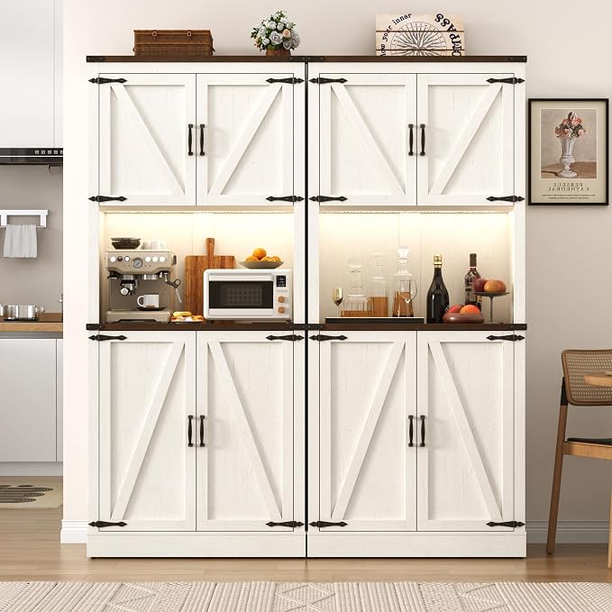 72" Tall Farmhouse Kitchen Pantry Cabinet with LED Light and Power Outlet,Modern Farmhouse Kitchen Storage Cabinet w Load-Bearing Steel Pipe,Barn Doors, Organizer,Food Pantry Cabinets(2PC White)