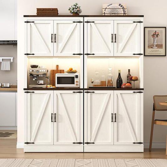 72" Tall Farmhouse Kitchen Pantry Cabinet with LED Light and Power Outlet,Modern Farmhouse Kitchen Storage Cabinet w Load-Bearing Steel Pipe,Barn Doors, Organizer,Food Pantry Cabinets(2PC White)