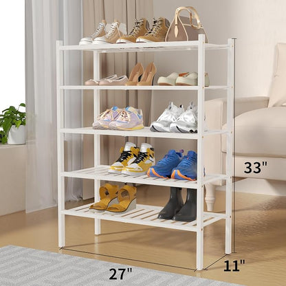 ROMGUAR CRAFT 5 Tier Bamboo Shoe Rack for Closet Free Standing Wood Shoe Shelf for Entryway Small Space Stackable 27"x11"x33" (White)
