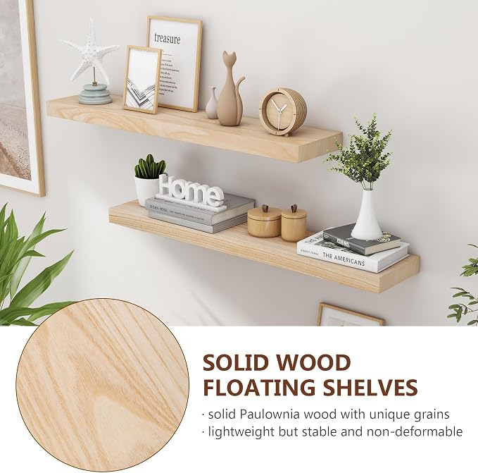 Fuqing Natural Floating Shelves, 36 Inch Set of 2, Raw Wood for Living Room & Home Office
