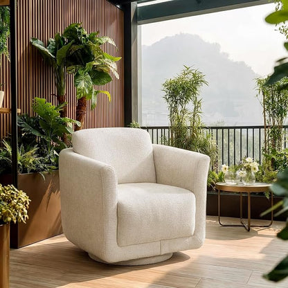 Swivel Accent Chair, 360° Barrel Chair with Solid Wood Frame & Removable Ergonomic Support Back Cushion, Fully Assembled Chenille Armchair for Living Room & Bedroom, Linen