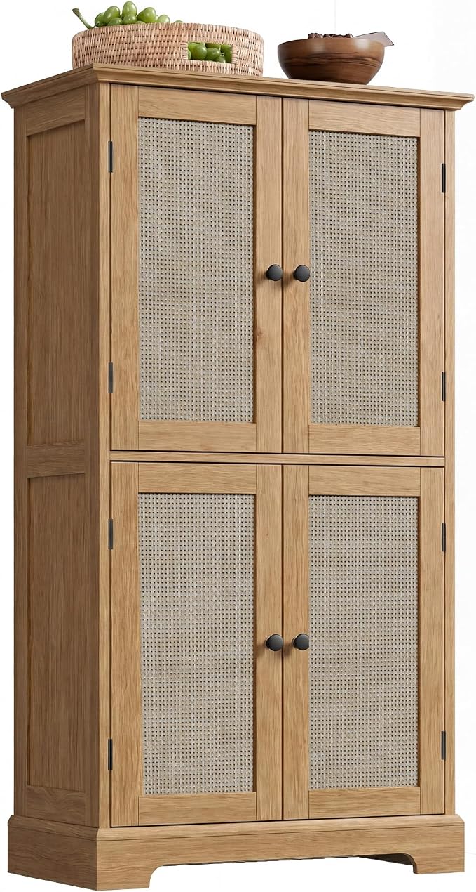 ChooChoo Bathroom Floor Cabinet, Rattan Bathroom Storage Cabinet with 4 Doors and Adjustable Shelves, Freestanding Cupboard for Living Room, Rustic Oak