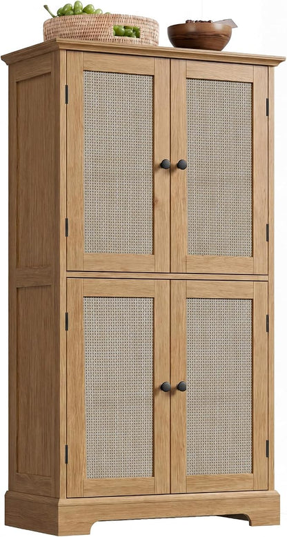 ChooChoo Bathroom Floor Cabinet, Rattan Bathroom Storage Cabinet with 4 Doors and Adjustable Shelves, Freestanding Cupboard for Living Room, Rustic Oak