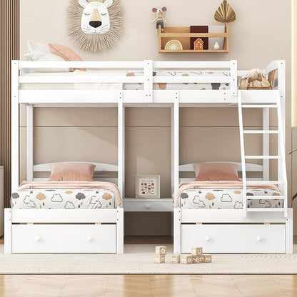 VilroCaz Wood Bed Bunk Bed with 2 Storage Drawers for 3, Full Over Twin & Twin Bunk Bed Frame with Built-in Middle Drawer, Guardrail and Ladder for Kids Teens Adults, Maximized Space Design