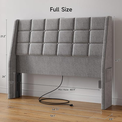 Ergonomic Upholstered Full Size Headboard w/Charging Station, Linen Wingback Headboards w/Storage Pocket, Full Headboard Only, Bed Frame Adapters, Sturdy Solid Wood Bed Head Board, Light Grey
