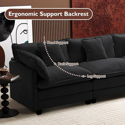 Ihanherry 111.4 Inch 3-Seater Cloud Sofa, Modular Sectional Couch, Modern Deep Seat Sofa for Living Room, Comfy Double Layer Upholstered Seat Cushion, Breathable Chenille Fabric, Black