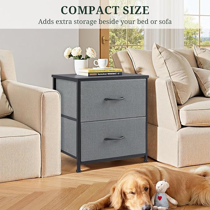 Nightstand, Small 2 Drawer Dresser End Table Bedside Furniture, Wooden Top Fabric Bins for Bedroom, Closet, Entryway, Dorm, 11.8" D x 18" W x 20", Gray