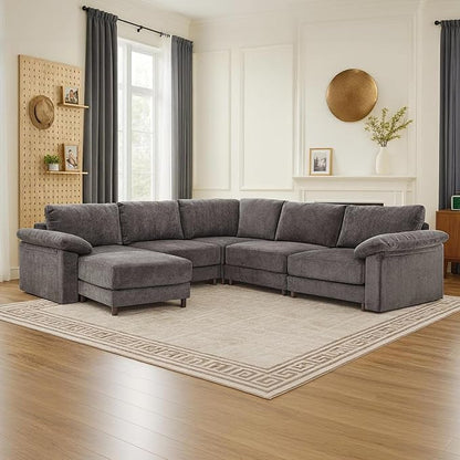 Oversized Modular Cloud Couch with Removable Washable Cover, L/V-Shaped Sectional for Large Living Room, Plush Chenille & Deep Seat（Grey）